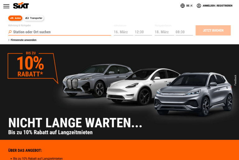 SIXT: Bis zu 10% Rabatt auf Langzeitmieten